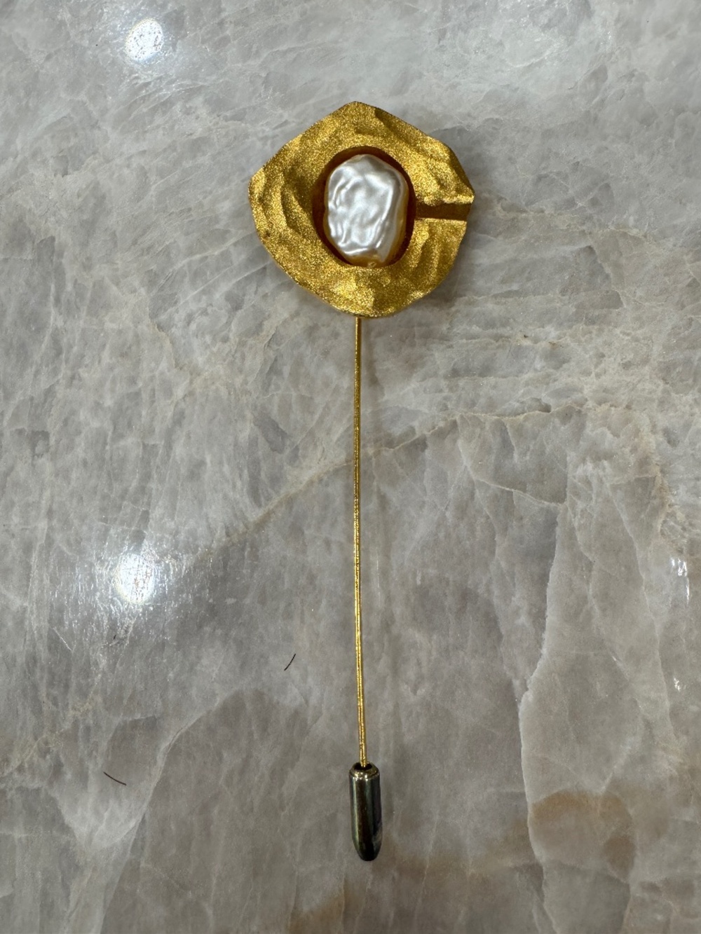 Cecile Jeanne Paris Vintage Flower Stick Hat Pin Gold with Faux Baroque Pearl